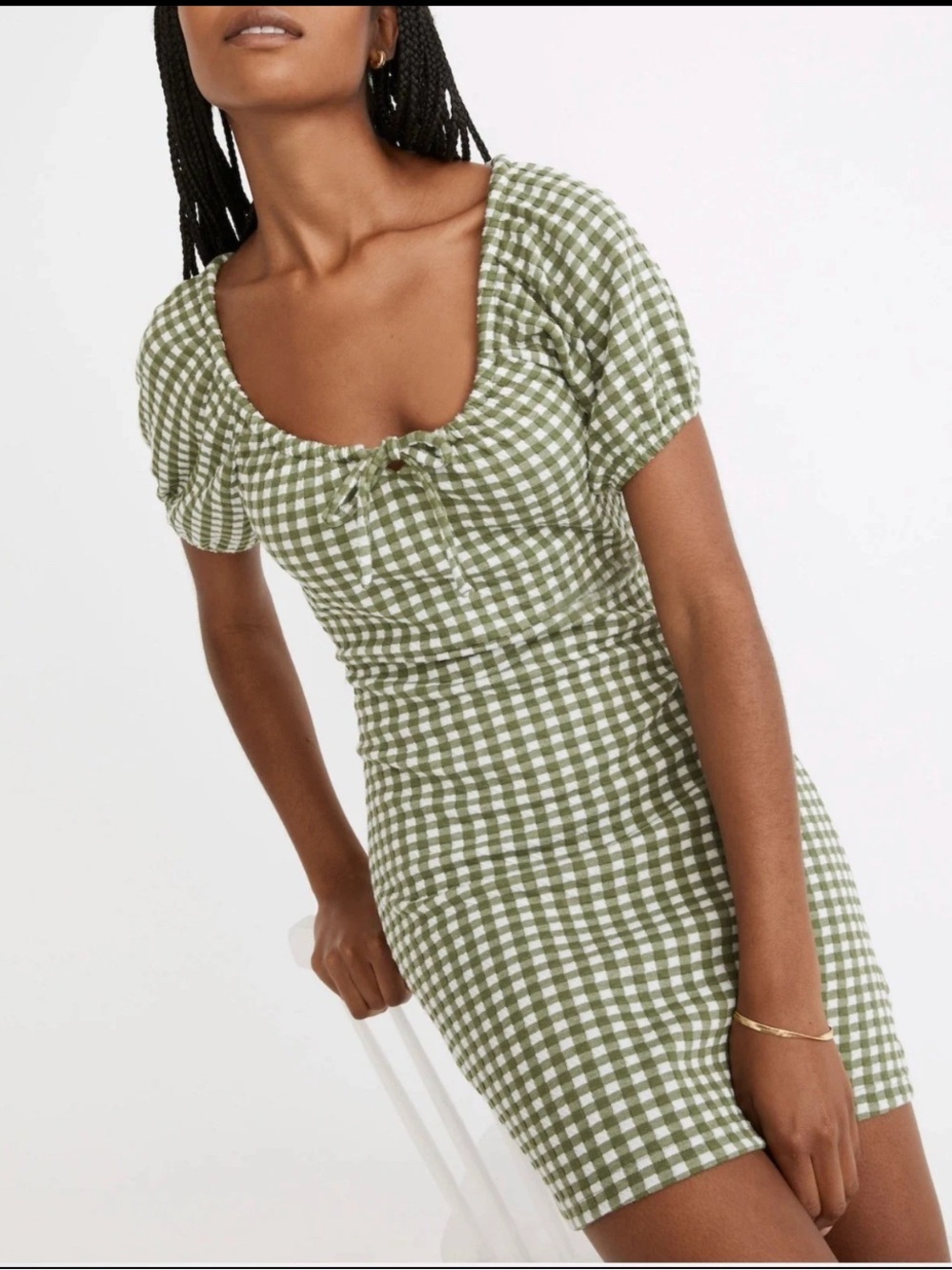 Madewell Green Gingham Puff Sleeve Dress